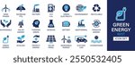 Green Energy best solid icon set collection. Wind power, factory, eco fuel, environment, green electricity, recyclable, sustainable, solar energy and vector illustration.