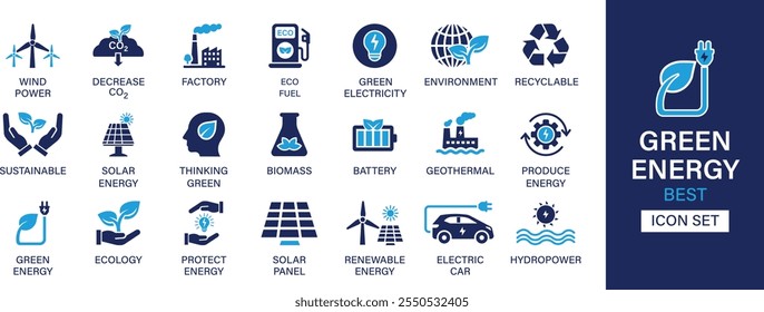 Green Energy beste Solid Icon Set Kollektion. Windkraft, Fabrik, Öko-Brennstoff, Umwelt, Ökostrom, recycelbar, nachhaltig, Sonnenenergie und Vektorgrafik.