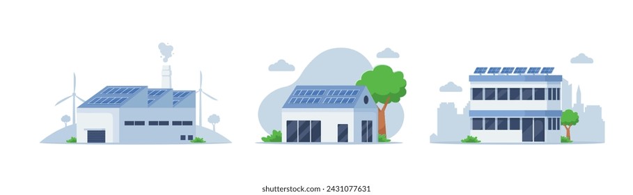 Green energy building vector illustration set. Office building with solar panels on the roof. Sustainable clean industrial factory. Modern eco private house with solar panels. Renewable energy concept