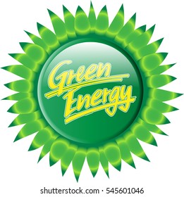 "Green Energy" button with a green surface, surrounded by green petals of a sun flower