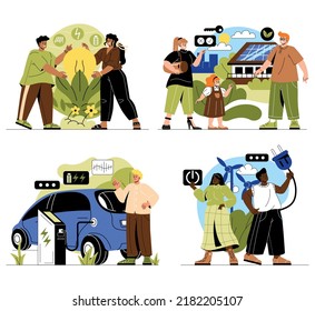 Green energy. Characters use alternative sources of electricity, solar panels and windmills. Electric car, renewable resources and environmental care. Cartoon flat vector collection isolated on white