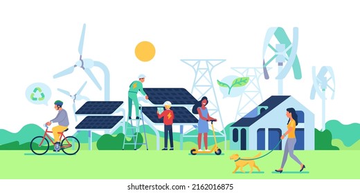 Habitantes de la ciudad de la energía verde. Las personas que viven en el medio ambiente ecológico. Hombres y mujeres de estilo plano caminan por el parque. Molinos eólicos y paneles solares. Fuentes de electricidad renovables naturales