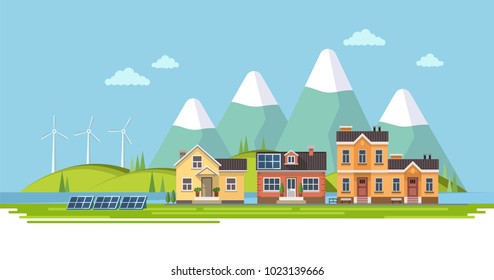 Green energy - city view with residential houses and landscape, wind power plant, solar panels. Vector illustration in flat style, graphic design template