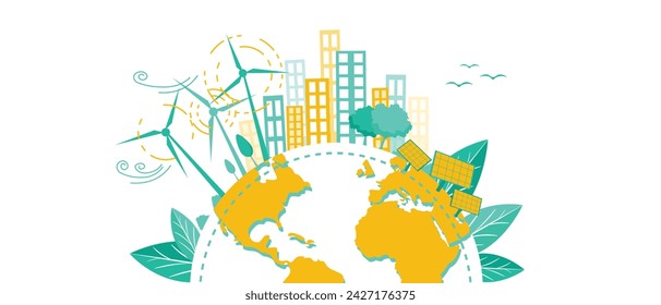 Grüne Energie und saubere Umwelt. Globe Earth, Windturbinen und Solarpaneele Designelemente