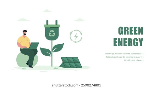 Green energy. CO2 neutral. Solar panels. Low carbon and environmental responsibility. People live eco life. Alternative energy sources. Vector illustration in flat cartoon style.