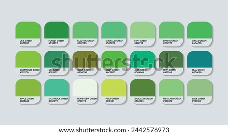 Green Energy Color Palette, Green Energy Color Code Guide Palette with Color Names, Catalog Samples gold with RGB HEX codes. Green Colors Palette Vector. Plastic, Paints, Energy Trending Color book