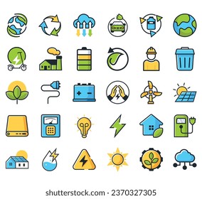 Green Energy colored icons. collection of 30 set icon vector