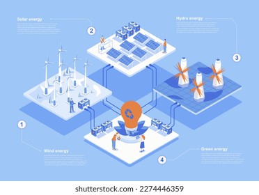 Green Energy Konzept 3d isometrische Web-Szene mit Infografik. Menschen, die bei der Erzeugung alternativer Energiequellen mit Solarpaneelen, Windturbinen arbeiten. Vektorgrafik in isometrischer Grafik