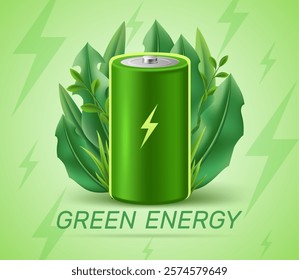 Green energy concept with battery. Realistic isolated elements, leaves on background, banner design, eco energy, electrical technology. Rechargeable recycling accumulator. Vector concept