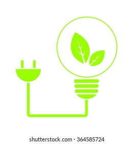Green energy concept with bulb and plug, green leaf inside bulb, vector illustration