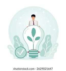 Green Energy concept. A businessman Supporting sustainable growth through energy efficiency, represented by a plant growing in a light bulb.
