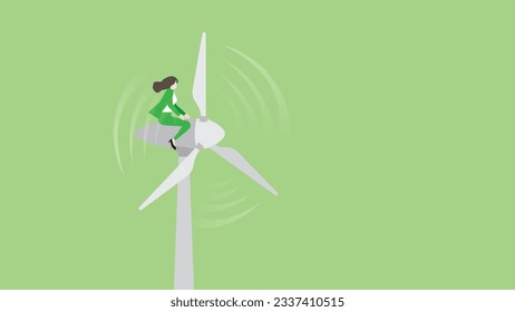 Green energy concept. A businesswoman ride on a wind turbine generator power windmill. ESG, Renewable, Alternative, Sustainable Environmental policy, Carbon footprint reduction, and Net zero emission.