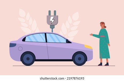 Green energy concept. Character with electric car. Vector illustration in a flat style