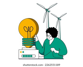 Green energy concept with character situation. Woman uses alternative energy sources and eco friendly technology of wind turbines station. Vector illustration with people scene in flat design for web