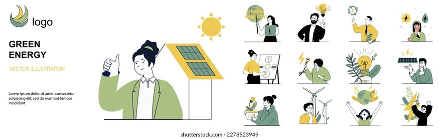 Green energy concept with character situations collection. Bundle of scenes people using alternative energy sources and take care about nature and ecology. Vector illustrations in flat web design