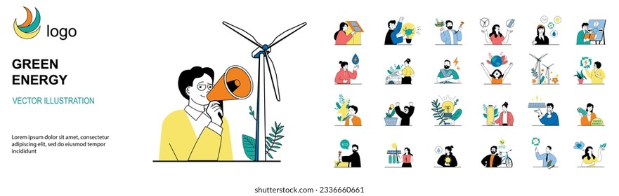 Green energy concept with character situations mega set. Bundle of scenes people using alternative clean energy resources with wind turbines or solar panels. Vector illustrations in flat web design