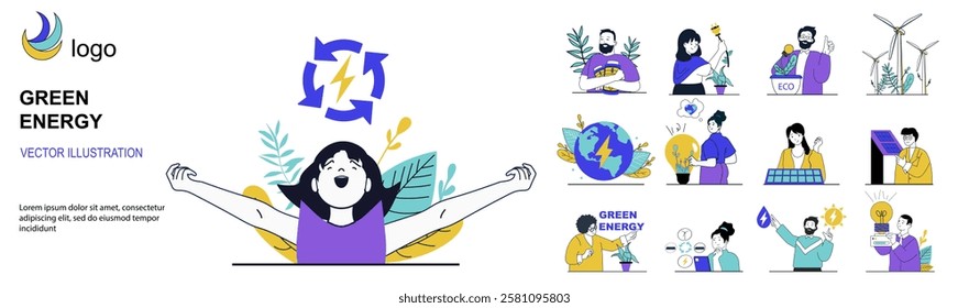 Green energy concept with character situations mega set in flat web design. Bundle of scenes people using alternative energy sources and smart eco technology, saving nature. Vector illustrations.