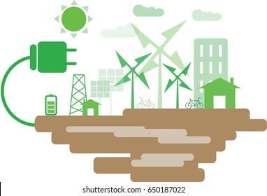 Green energy concept city with white background , vector 
