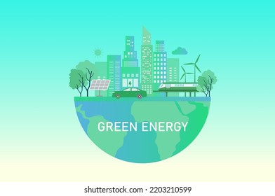 Green energy concept, CO2 carbon emissions reduction and ecology environmental with solar panel, wind turbines,  EV car , earth day vector illustration
