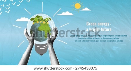 Green energy concept depicting planet Earth inside a light bulb held by human hands.Trendy halftone collage.Concept of renewable energy,sustainable development,environmental protection,and clean