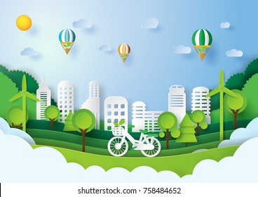 Green Energy Concept Design.Paper Art Style Of Eco City Concept And Environment Conservation.Vector Illustration.