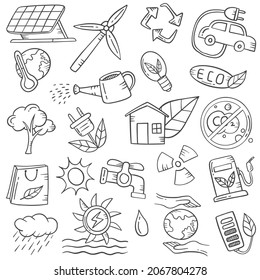 green energy concept doodle hand drawn set collections with outline black and white style