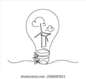 Green energy concept drawn by one line. Continuous line drawing alternative energy. Editable stroke. Creative vector illustration in minimalist art.