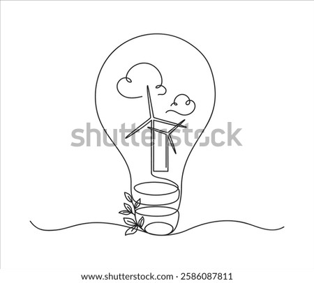 Green energy concept drawn by one line. Continuous line drawing alternative energy. Editable stroke. Creative vector illustration in minimalist art.