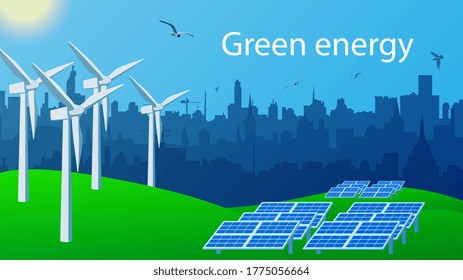 Green energy concept for environmental protection. Windmills and solar panels for generating electricity stand on the green grass. City skyline. Birds fly in the blue sky with the sun. Vector EPS 10.