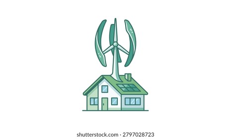 A green energy concept featuring a small house with a helical wind turbine on the roof and integrated solar panels, rendered in a clean line art style