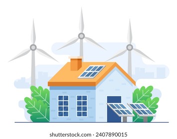 Green energy concept flat illustration vector template, Landscape with Modern House, solar panels and wind turbines, Energy effective house, Renewable energy, Ecology, Alternative energy, Eco house