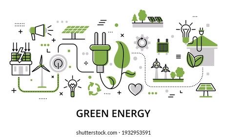 Concepto de energía verde, ilustración vectorial de diseño de línea plana, para diseño gráfico y web