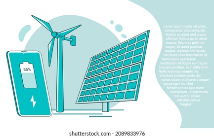 Green energy.The concept of generating energy using the sun and wind..An illustration in the style of a landing page in green.