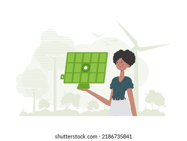 Green energy concept. The girl holds a solar panel in her hand. trendy style. Vector illustration.