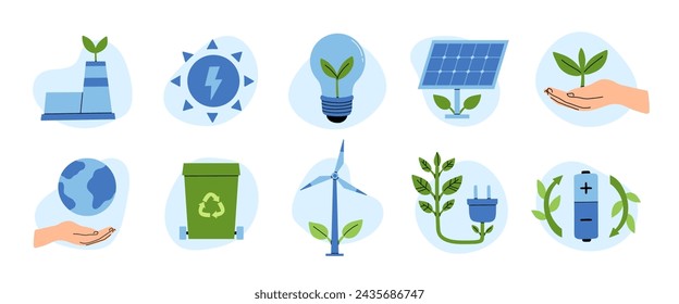 Green energy concept with icon collection. Bundle of scenes with alternative renewable energy sources, solar panels, conserve water and electricity, recycling. Vector illustrations in flat web design