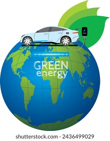 Green energy concept illustration logo  electric vehicle EV sports car with Power cable pump plug in charging powe on the wolrld.