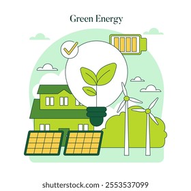 Green Energy concept. Illustration of renewable power with solar panels, wind turbines and an eco-friendly house. Sustainable living and clean energy sources. Vector illustration.