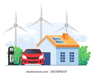 Das Konzept der grünen Energie, Landschaft mit dem modernen Haus, Elektrische Autoverladungs-Batterie in der Ladestation, Solarpaneele und Windturbinen, Energieeffizientes Haus, Erneuerbare Energie, Ökologie, Alternative Energie