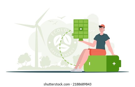 Green energy concept. A man sits on a battery and holds a solar panel in his hands. Vector. trendy style.