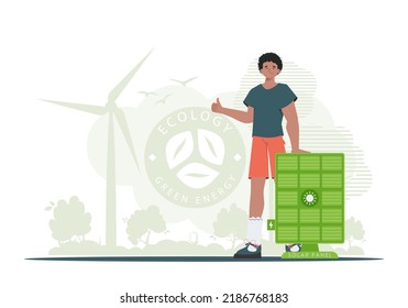 Green energy concept. A man stands near a solar panel. Vector illustration.