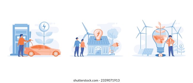 Green energy concept. Modern eco private house with solar energy panels and smart home technology, Renewable energy. set flat vector modern illustration 