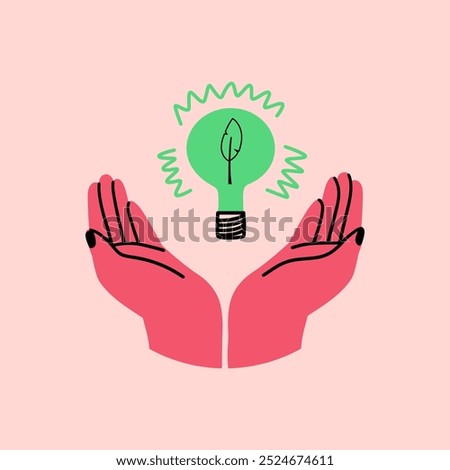 Green energy concept. Open palms and green light bulb. Vector illustration