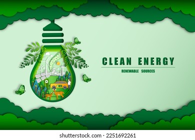 Green energy concept paper art style, Solar panels, Electric car, Wind power generators with Smart city and Wild animals inside of lightbulb, Ecology and The Environment with Renewable energy sources.