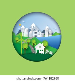 Green energy concept paper art style.Nature landscape and eco friendly city of environment conservation design.Vector illustration.