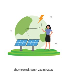 Green energy concept. People characters trying to save planet earth. Renewable energy. Solar panel. Vector illustration