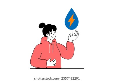 Green energy concept with people scene in flat web design. Woman saving water resources and generates clean green electricity. Vector illustration for social media banner, marketing material.