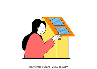 Green energy concept with people scene in flat web design. Woman using renewable green energy by solar panels in smart home system. Vector illustration for social media banner, marketing material.