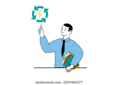Green energy concept with people scene in flat web design. Man recharging battery and using ecological technology for saving energy. Vector illustration for social media banner, marketing material.