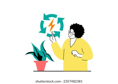 Green energy concept with people scene in flat web design. Woman using recycle and reuse technology and economical energy consumption. Vector illustration for social media banner, marketing material.