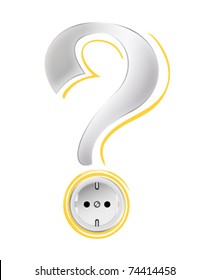 Green energy concept with power outlet, socket, question mark and abstract yellow sun - electricity query - vector, eps10